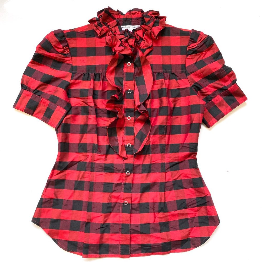 $375 Diane von Furstenberg x Intermix Kailey Buffalo plaid Silk Top Sz 2 XS DVF